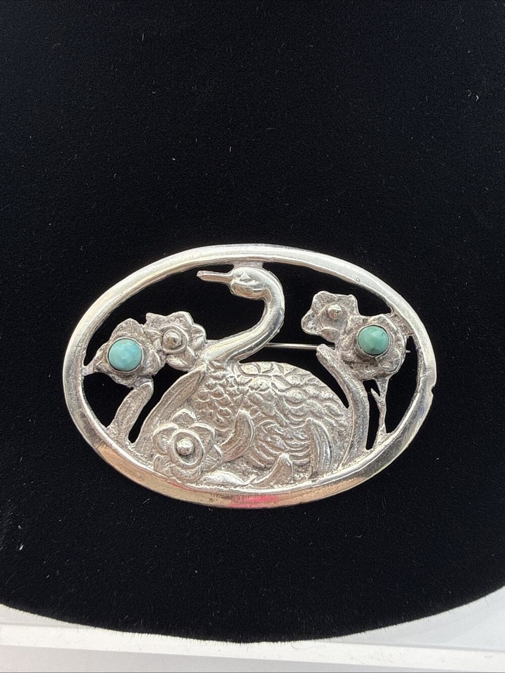 MEXICO 925 Silver Vintage Antique Turquoise Floral Duck Swan Brooch Pin 14.44g